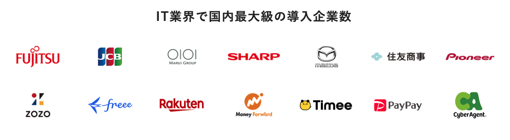 IT業界で国内最大級の導入企業数「富士通、JCB、丸井、シャープ、マツダ、住友商事、パイオニア、ZOZO、freee、楽天、マネーフォワード、タイミー、ペイペイ、サイバーエージェント」